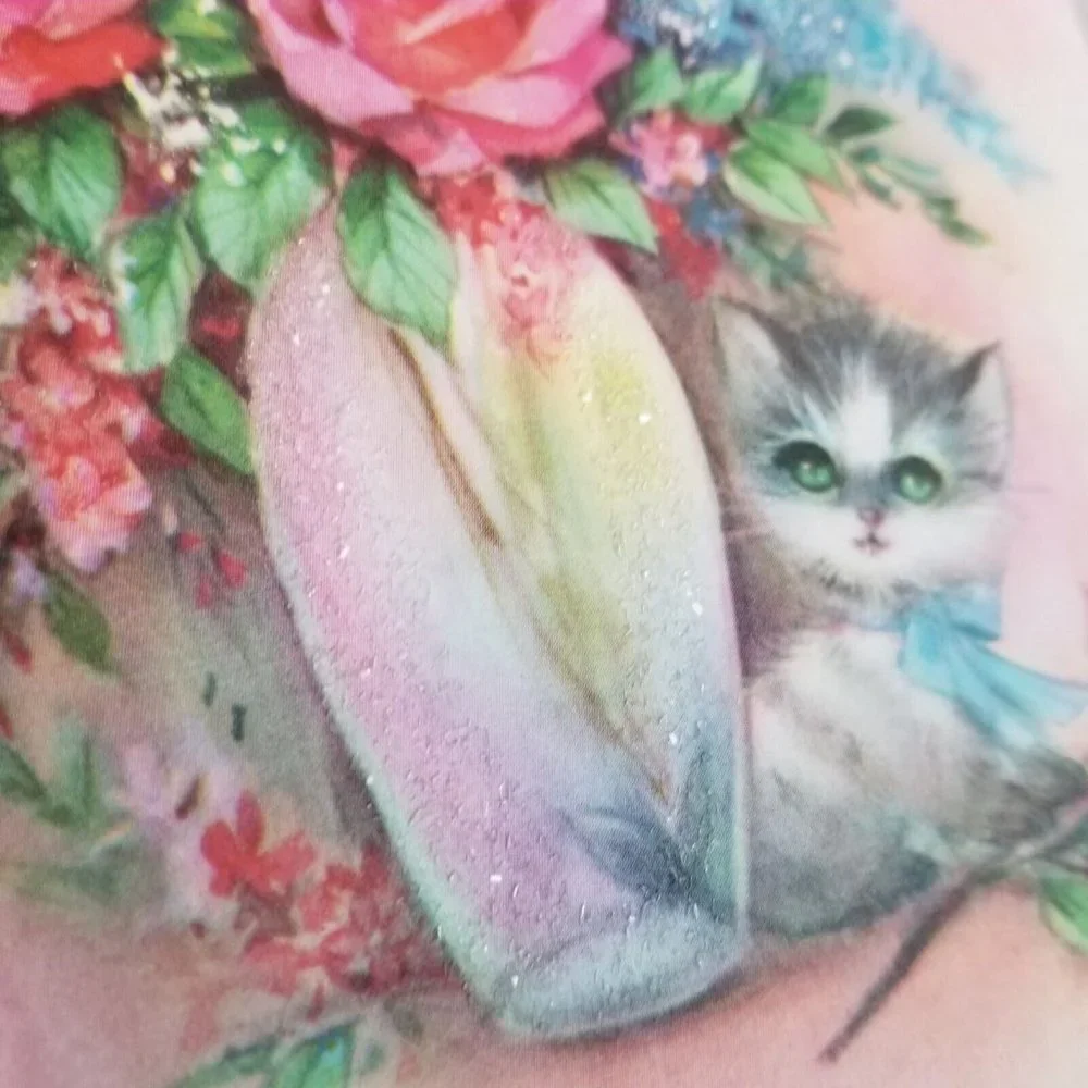 Vintage Greeting Card Nice to Think About You Pink Roses Glitter Kitty Kitten